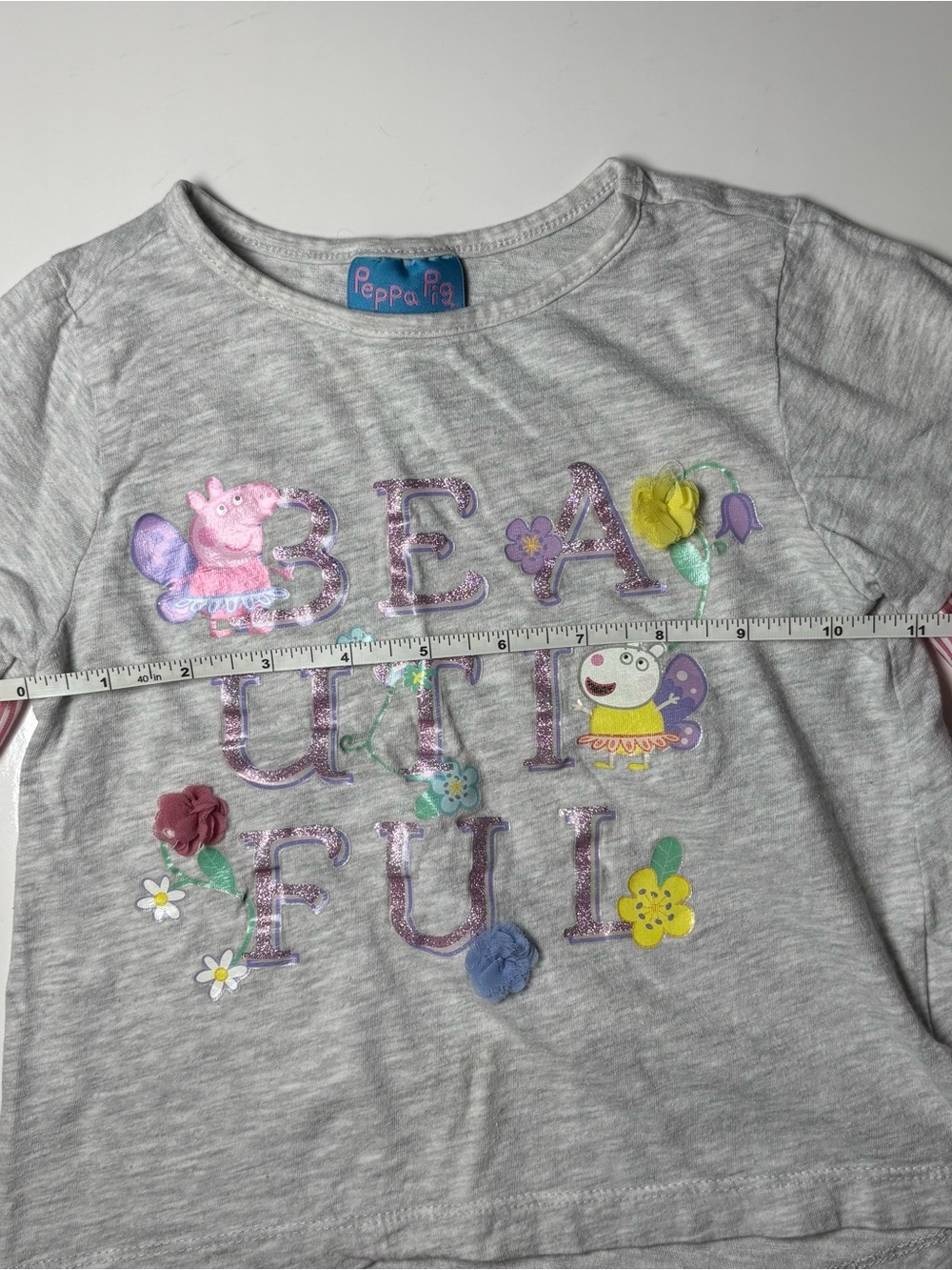 Official Peppa Pig Beautiful 3D Ribbon Flower Candy Striped Sleeve Tee 4T - Picture 8 of 9